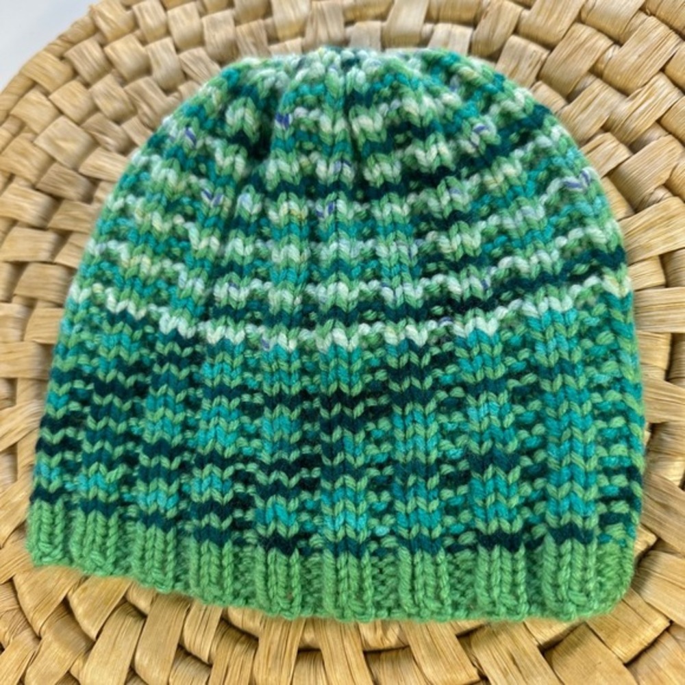 Kids Green Knit Hat Beanie Striped Pattern Warm Winter Cap handmade‎